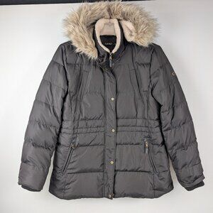 LAUREN RALPH LAUREN Womens Size XL Faux-Fur-Trim Hooded Puffer Black
